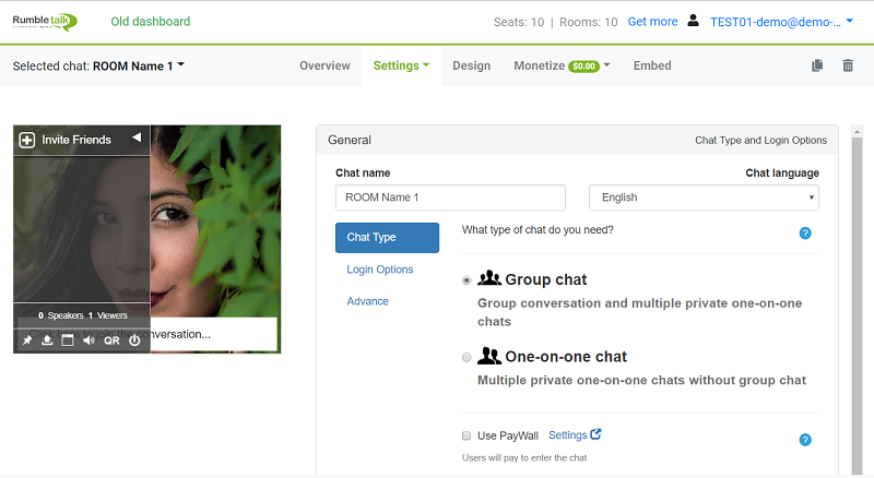 html chat room service settings