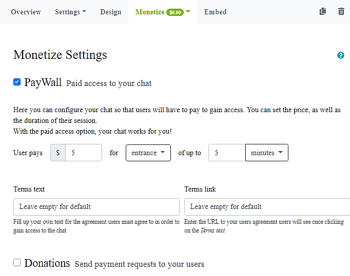 monetize settings