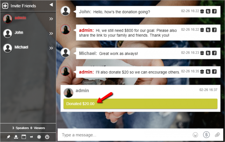 Online donation platform for websites using a group chat