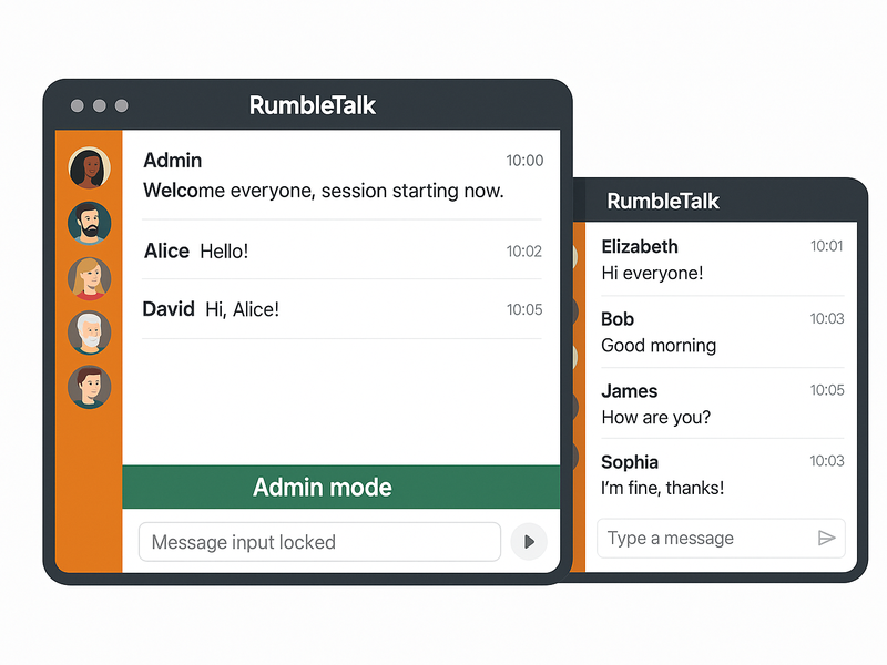 RumbleTalk admin mode active — message input locked for users, only admins can post