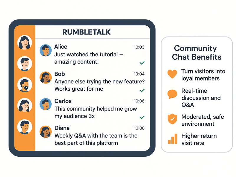 RumbleTalk group chat widget embedded on a website showing active community members discussing topics in real time