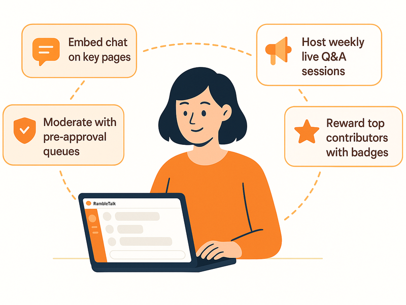 Community building playbook illustration showing website owner managing engaged chat audience with RumbleTalk tools
