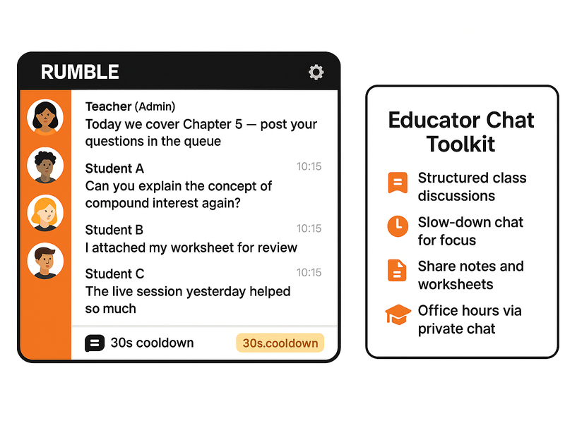 Online educator running a moderated class discussion in RumbleTalk with students asking questions and sharing resources