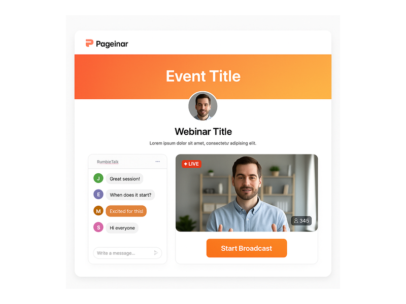 Pageinar webinar landing page showing live broadcast area and integrated chat