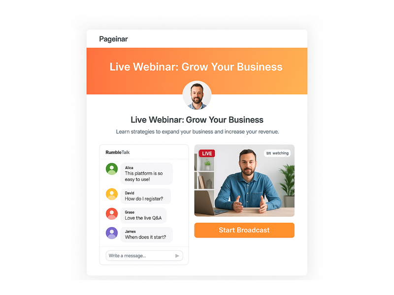 Pageinar webinar platform showing live broadcast area and RumbleTalk chat panel