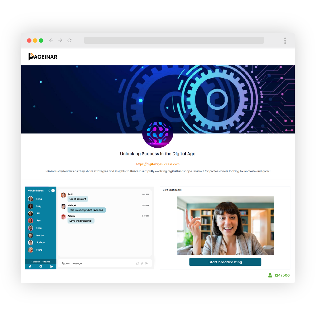 Pageinar branded webinar example — custom landing page with live broadcast, group chat, and audience engagement tools