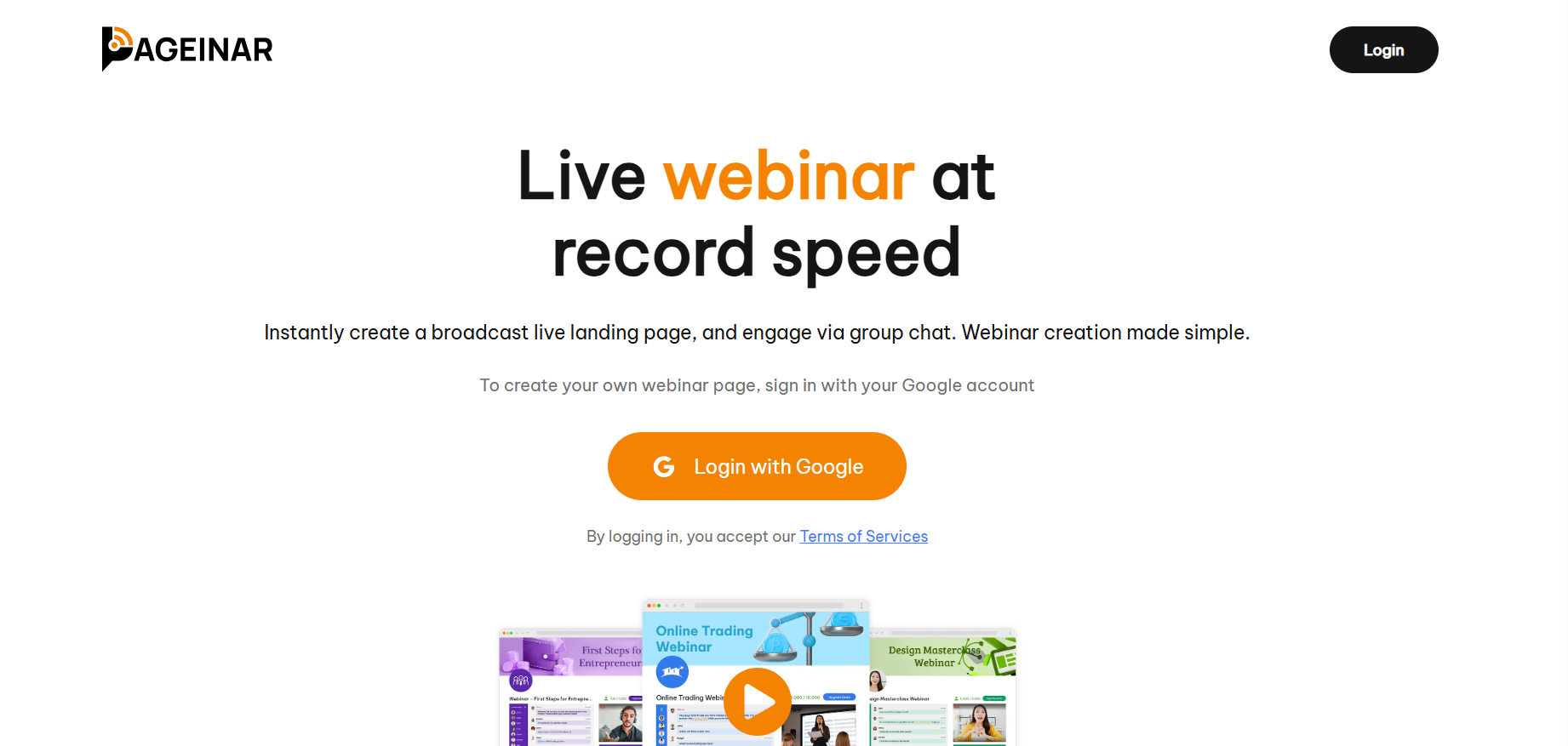 how to log in to Pageinar account - homepage Google login button