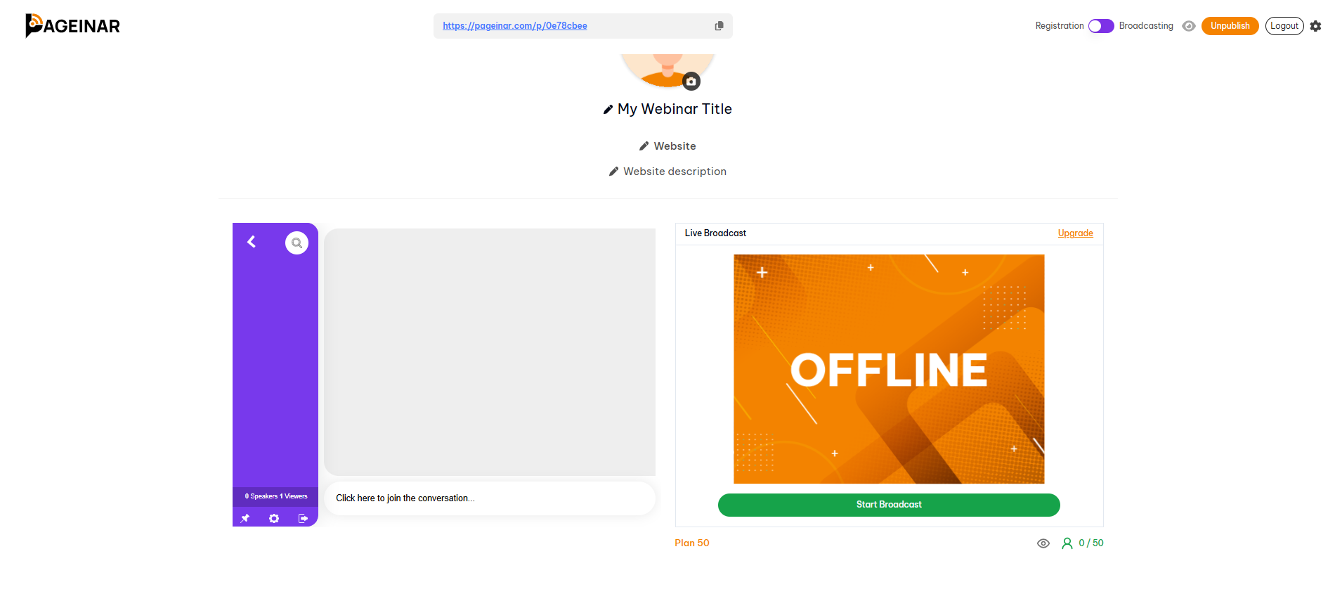 how to start a live broadcast in Pageinar - broadcast page with Start Broadcast button