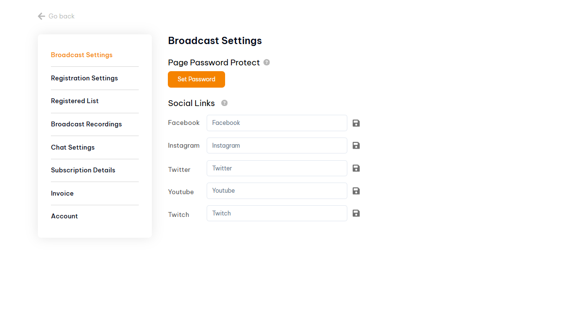 how to manage private webinars in Pageinar - Broadcast Settings password protection