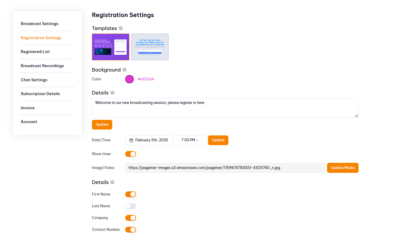 how to enable registration for your webinar in Pageinar - Registration Settings panel