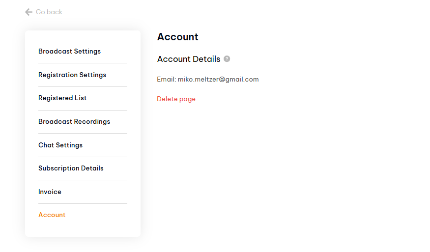 how to view account details in Pageinar - Account settings panel