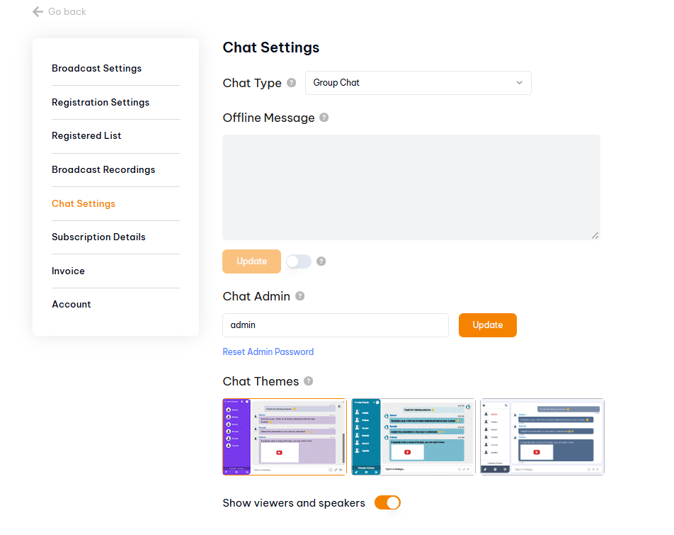how to change chat theme in Pageinar - Chat Settings panel