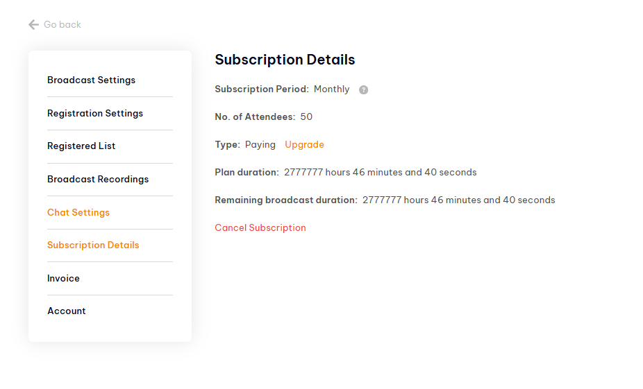 how to cancel Pageinar subscription - Subscription Details panel